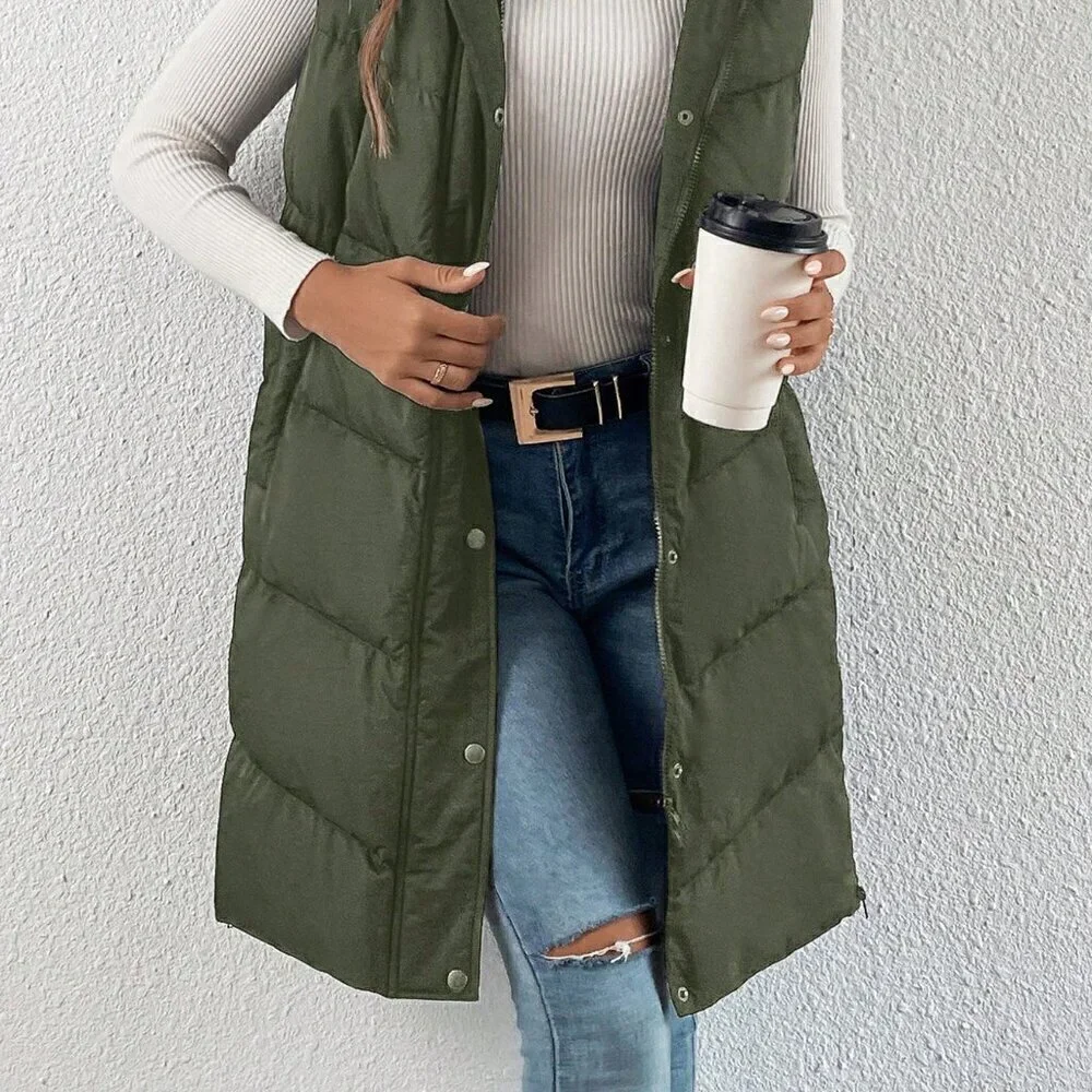 Army Green Casual Women's Zip Up Slant Pocket Sleeveless Hooded Padded Coat - Picture 2 of 4